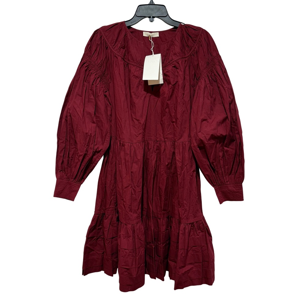Ulla Johnson Rosa Dress Bordeaux Red Cotton Poplin Tiered Smocked Sz 6 NWT